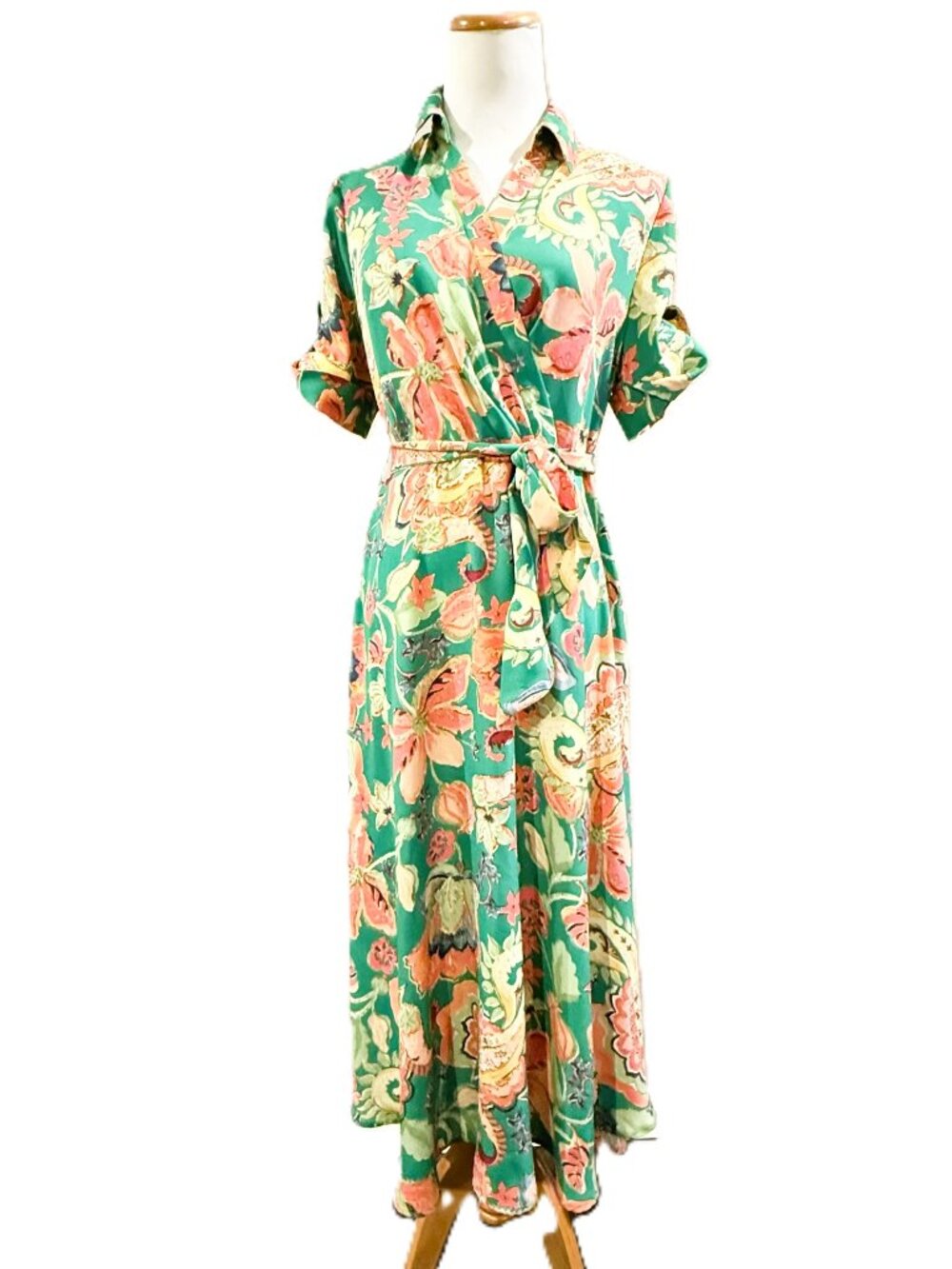 Danillo Boutique Womens Sz 6 Green Seafoam Floral Print Maxi Dress short sleeve